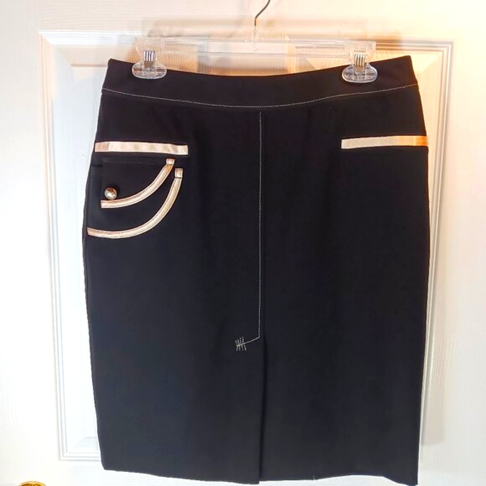 NWOT Joseph Ribkoff Women's Black Pencil Skirt Beige Satiny Trim Size 8